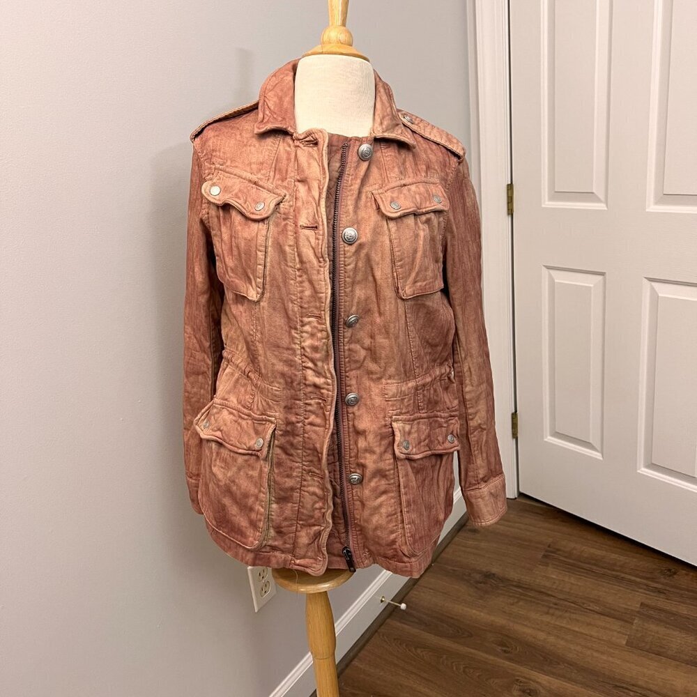 FREE PEOPLE Rose Pink Double Cloth Military Jacket Pockets Cinch Tie Waist Sz XS - Picture 13 of 15